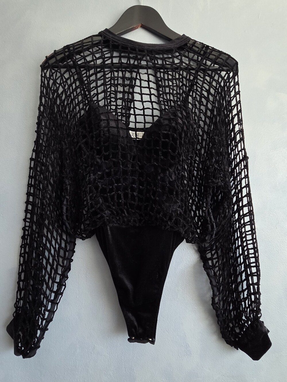 LA PERLA VINTAGE BLACK STRETCH VELVET CAGE  BODYSUIT SIZE SMALL
